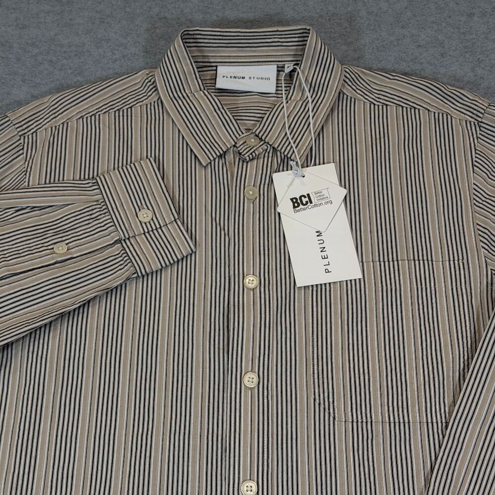 Plenum Studio Lenny Seersucker Striped Long Sleeve Shirt M Sand Danish $120 NWT